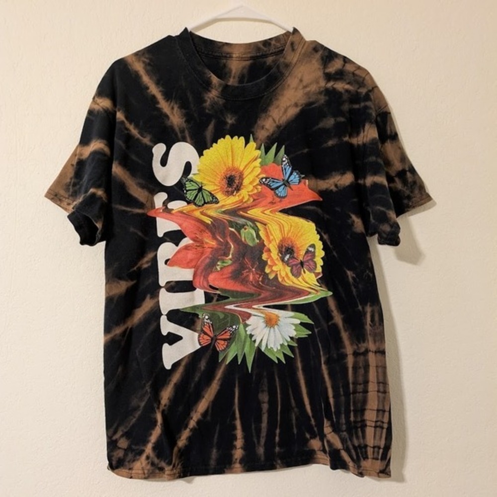 Y2K Style Bleach Dye Graphic T-Shirt Sunflower Butterfly Glitch Vibes Sz XL‎